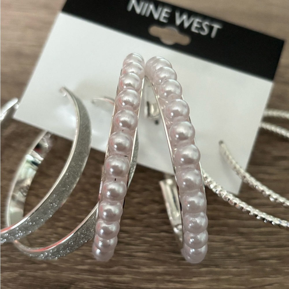 New! 3 Pairs Nine West Hoop Earrings Silver 2”-2.25” Hoops - Picture 3 of 6